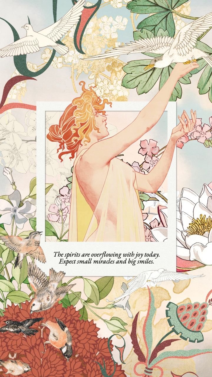 Spirits Oracle card: Art Nouveau woman reaching up among blossoms and white doves. Message: The spirits are overflowing with joy today. Expect small miracles and big smiles.