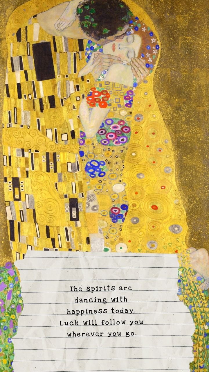 Spirits Oracle card: Klimt's golden painting The Kiss with a note on lined paper. Message: The spirits are dancing with happiness today. Luck will follow you wherever you go.