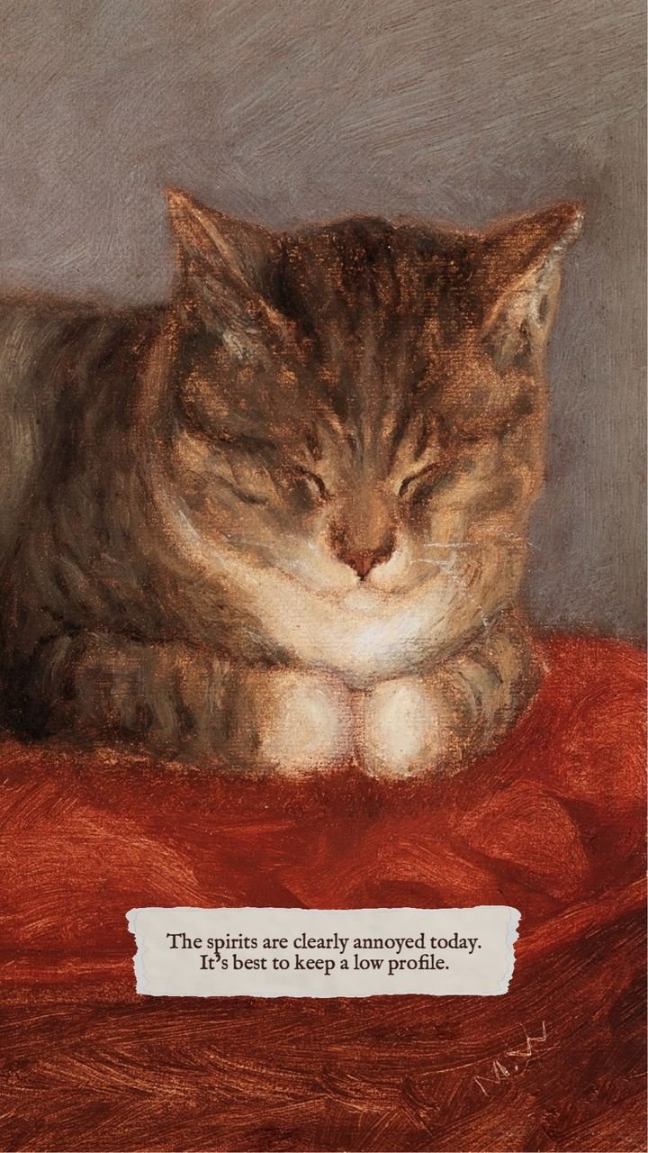 Spirits Oracle card: painting of a sleepy tabby cat on a red cushion. Message: The spirits are clearly annoyed today. It's best to keep a low profile.
